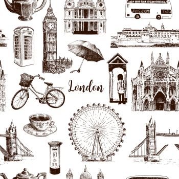 London architectural symbols: Big Ben, Tower Bridge, town bus, mail box, call box. St. Paul Cathedral. Beautiful hand drawn vector seamless pattern sketch illustration. For advertising, City panorama. London architectural symbols hand drawn vector seamless pattern sketch. Big Ben, Tower Bridge, red bus, mail box, call box. St. Paul Cathedral