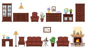 Big realistic Set of home furniture elements for cabinet, library, parlour.. Big Set of home furniture elements for cabinet, library, parlour. Bookcase, armchair, sofa, picture, desk, leather, reading lamp, cache pot, globe laptop chest locker clock For design decoration