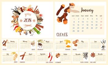2018 Calendar Planner Design. Culinary spices. 2018 Calendar Planner Design. Culinary spices. cloves, garlic, turmeric, cardamom, vanilla, nutmeg cinnamon chili pepper coriander ginger black pepper star anise