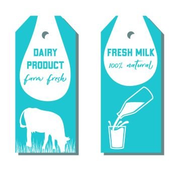 Set of two tags with milk symbol. Cow, Milk pouring from a bottle in glass.. Set of two tags with milk symbol. Cow, Milk pouring from a bottle in glass. Silhouettes on Blue background. Concept idea for diary, Cattle farm. For logo, tag, advertising, prints, design, label