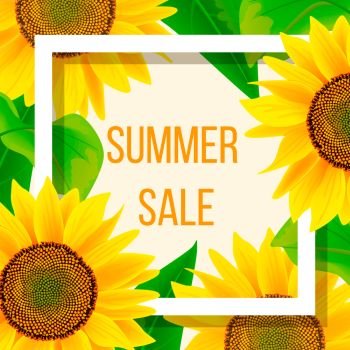 Summer sale banner template with sunflower, vector illustration. Summer sale banner template with sunflowers, vector illustration. advertising text in square. Floral vivid frame. Poster template