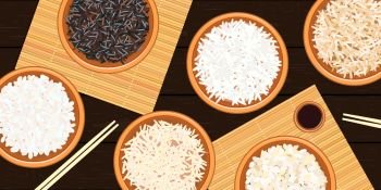 Different types of rice in bowls. Basmati, wild, jasmine, , sushi. chopsticks. mats, tureen. Different types of rice in bowls on dark wooden background. Basmati, wild, long brown, arborio, sushi. chopsticks. bamboo mats. Vector illustration. top view. For culinary fastfood