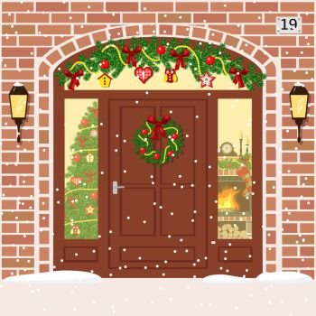 Christmas decorated door with Sidelight Window, wreath and garland. Christmas decorated and Illuminated door, house entrance with Sidelight Window, garland, wreath. Facade made of red bricks, snowflakes, fireplace. Vector. For postcards, prints, banner
