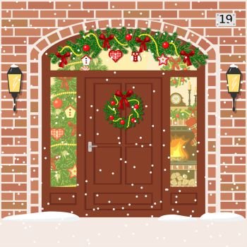 Christmas decorated door with Sidelight Window, wreath and garland. Christmas decorated and Illuminated door, house entrance with Sidelight Window, garland, wreath. Facade of red bricks with xmas tree, snowflakes, fireplace. Vector. For postcards, prints, banner