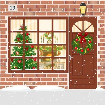 Christmas decorated door, house entrance with wreath. Christmas decorated door, house entrance with wreath. Illuminated building facade of red bricks with door, window, garland, xmas tree, snowflakes, fireplace. Vector. For postcards, prints banner