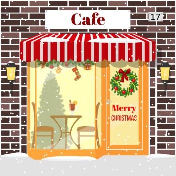 Christmas decorated Cafe or coffee shop. Building facade of red brick.. Christmas decorated cafe or coffee shop. Illuminated facade of red bricks with window, table, chair, mulled wine drink, wreath, garland, xmas tree, snowflakes. Vector. For postcards, prints banner