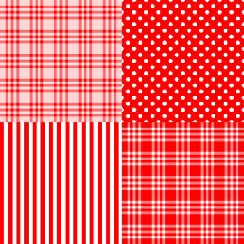 red seamless patterns striped, plaid, spotted. Vector set of 4 red patterns (striped, plaid, spotted) . Good for Baby Shower, Birthday, Mother’s Day, Father’s Day, Christmas, New year Scrapbook, Greeting Cards, Gift Wrap, surface textures.