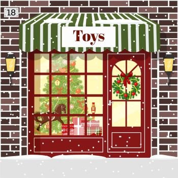 Christmas Toy shop toy store building facade. Christmas Toy shop toy store facade. Brown bricks. Decorated and illuminated cozy showcase with gift boxes, toys, Nutcracker, rocking-horse wreath, balls, xmas tree, snowflakes. Vector illustration