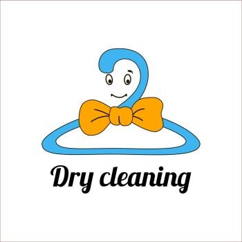 An image of a cartoon laundry symbol.. An image of a cartoonish manlike ute clothes rail symbol. Smiling happy coat-hanger with a bow tie. Can be used as a logo, icon, at advertising, promotional materials, throw-away leaflets.