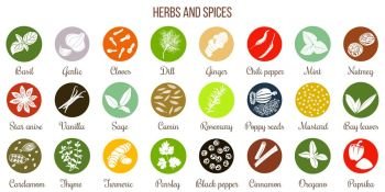 Big icon set of popular culinary herbs and spices white silhouettes. Big icon set of popular culinary herbs and spices white silhouettes. Color background. Rosemary, chili pepper, garlic, basil, anise etc. For cosmetics, store, spa, health care, logo design, tag label