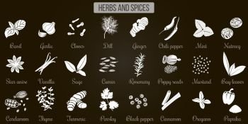 Big set of simple flat culinary herbs and spices. White Silhouettes on black. Big vector set of popular culinary herbs and spices White Silhouettes on black. Basil, coriander, cloves, ginger, mint, bay, nutmeg, rosemary, sage, thyme, parsley oregano dill Cooking collection