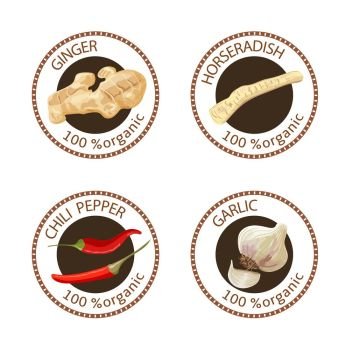 Set of spices labels. 100 organic. collection. Set of herbs labels. 100 organic. Spice collection. Vector illustration. Horseradish, ginger, chili pepper, garlic. Brown stamps. Round emblem for cosmetics, restaurant health care logo price tag
