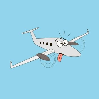 Cartoon style airplane with rolling eyes and protruding tongue.. Cartoon style turboprop airplane on a sky background. Dazed and amazed two engine aircraft with rolling eyes and protruding tongue. Chocking, exhausted, mad, crasy, crazy, tired. Vector illustration