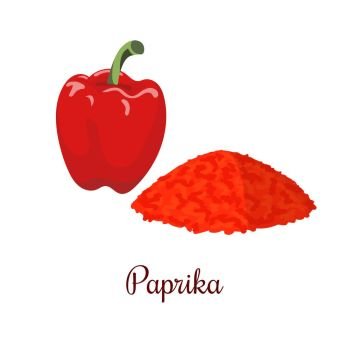 Paprika and powder realistic style isolated. Paprika realistic style isolated on white background. Paprika powder. Spice symbol. For food design, restaurant, store, market, natural health care products. Can be used as logo, price tag, label