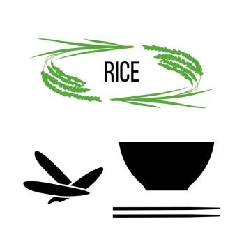 Set of rice plants and bowl with long-grained rice and chopsticks. Set of rice plants and bowl with long-grained rice and chopsticks on white. Flat cartoon vector icons. For culinary, cafe, fastfood, shop, restaurant. Can be used as label, poster advertising