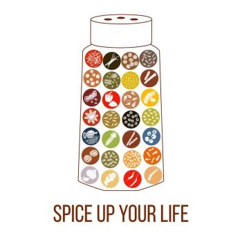 Spice up your life sentence. Castor with spices. pepperbox. Spice up your life sentence. humorous pepperbox with flat popular culinary spices white silhouettes on Color background. Ginger, chili pepper, garlic, nutmeg, anise. For logo, design, poster, prints