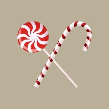Vector set of two red and white candy sweets. Vector set of two red and white candy sweets. Candy cane and lollipop. traditional christmas sweet. striped caramel. For posters, tags, label, banner.