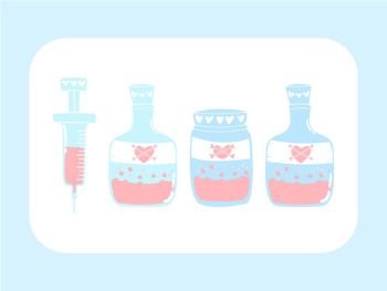 Cute love potion bottle and syringe, Abstract picture meaning about love, Abstract picture for wedding, Love card for Valentine’s Day, Cute vector, Soft color illustration