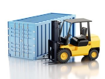 3d renderer image. Cargo container with forklift. Industry concept. Isolated white background.
