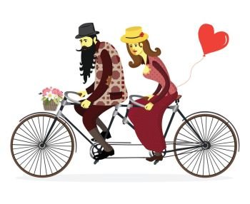 Loving couple riding on a bicycle. Couple riding a bicycle isolated. Doodle lovers: man and a woman riding tandem bicycle. Greeting card for Valentine’s Day in a cartoon style.Vector illustration.