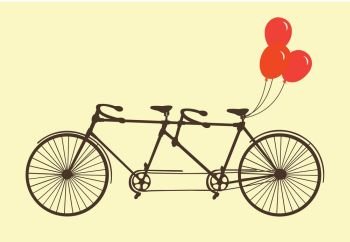 Classic romantic tandem bicycle with balloons in flat style vector