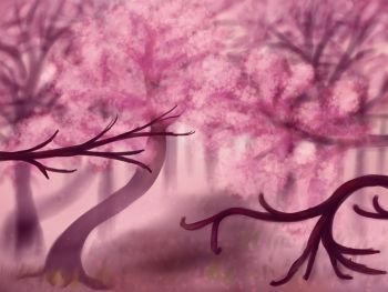 Background with blooming pink cherry blossom trees illustration.