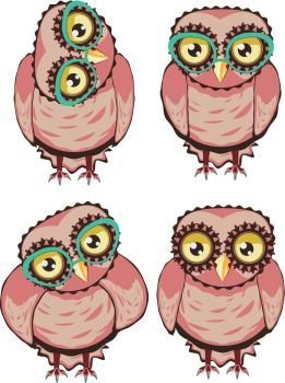 Curious Owl in Teal Glasses. Cute cartoon stylized owl with yellow eyes wears big teal eyeglasses.