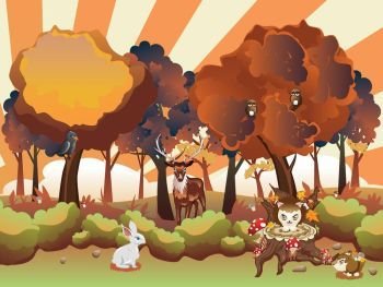 Cartoon Autumn Forest with Animals. Stylized cartoon autumn forest landscape with shrubs, trees and animals.