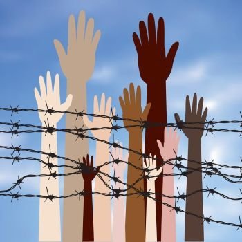 Hands Behind a Barbed Wire. Diversity hand silhouettes behind barbed wire against blurry sky background.