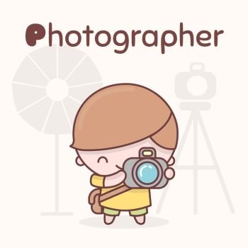 Cute chibi kawaii characters. Alphabet professions. Letter P - Photographer. Flat style