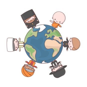 Cute characters. Judaism Rabbi. Buddhism Monk. Hinduism Brahman. Catholicism Priest. Christianity Holy father. Islam Muslim. Friendship and peace for different faiths all over the world. Cartoon
