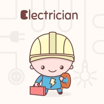 Cute chibi kawaii characters. Alphabet professions. Letter E - Electrician. Flat style