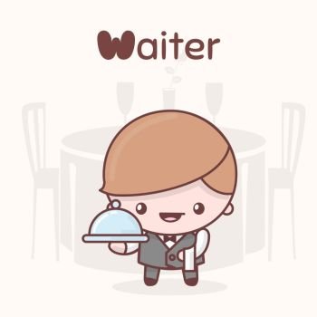 Cute chibi kawaii characters. Alphabet professions. Letter W - Waiter. Flat style