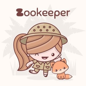 Cute chibi kawaii characters. Alphabet professions. Letter Z - Zookeeper. Flat style
