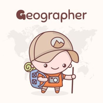 Cute chibi kawaii characters. Alphabet professions. Letter G - Geographer. Flat style