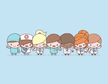 Cute chibi kawaii characters profession set. Hospital medical staff team doctors on blue background. Flat cartoon style