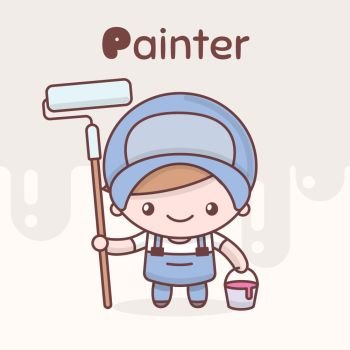 Cute chibi kawaii characters. Alphabet professions. The Letter P - Painter. Flat cartoon style