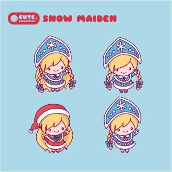 Snow Maiden with a kokoshnikom, crown. Blue and red suit. kawaii, cute, chibi cartoons.