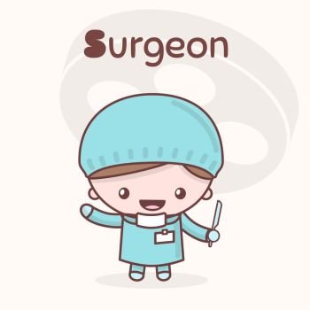 Cute chibi kawaii characters. Alphabet professions. The Letter S - Surgeon. Flat cartoon style