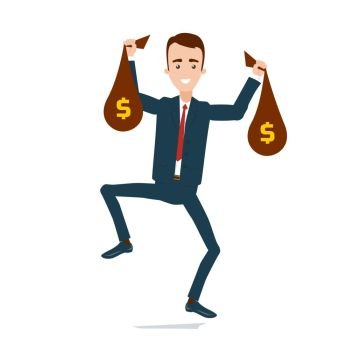 Happy businessman in suit with bags of money in hands jumping with happiness.