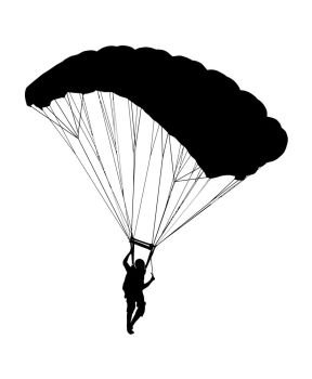 Side profile silhouette of sky diver with open parachute landing