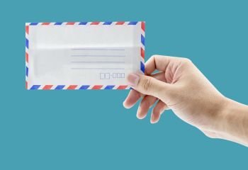 hand hold a envelope on white background, clipping part