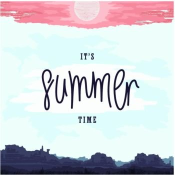 Oldschool Summer poster. It’s Summer Time. Oldschool retro poster with landscape and midday sun.
 Trendy handwritten lettering label. Vector illustration