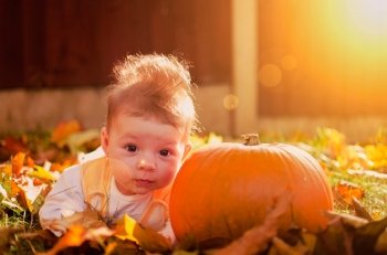 Cute baby girl with pumpkin in autumn garden covered with colorful autumn leaves