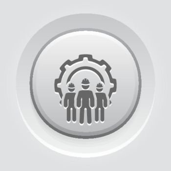 Engineering Team Icon. Three Men and Cog Wheel. Development Symbol.. Engineering Team Icon. Three Men and Cog Wheel. Development Symbol. Flat Line Pictogram. Isolated on white background. Grey Button Design.