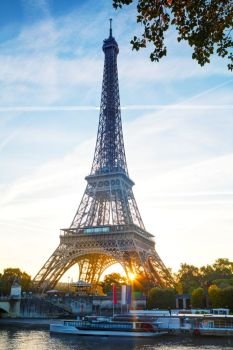 Cityscape with the Eiffel tower in Paris, France at sunrise