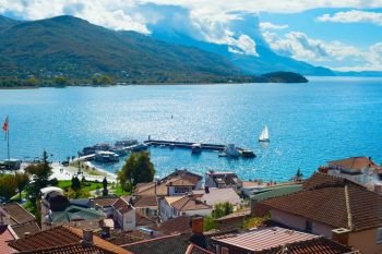 Ohrid coastal town and Ohrid lake in the sunny day. macedonia