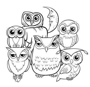 Black and White Cartoon Illustration of Owl Birds Animal Characters Group Coloring Book