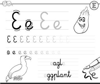 Black and White Cartoon Illustration of Writing Skills Practice with Letter E Worksheet for Preschool and Elementary Age Children Coloring Book