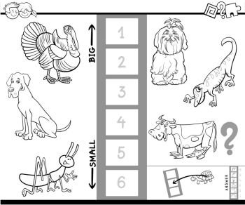 Black and White Cartoon Illustration of Educational Game of Finding the Biggest and the Smallest Animal Characters for Preschool Children Coloring Book